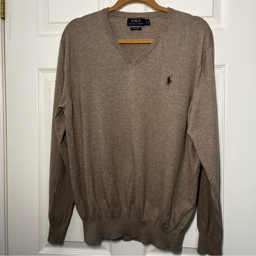 Polo Ralph Lauren Tan Pima Cotton V-neck Sweater Size Large